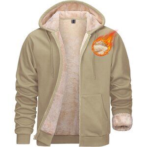 Men's Zip Up Hoodie Sherpa Khaki  Sweatshirt Winter Heavyweight Hoodies Warm